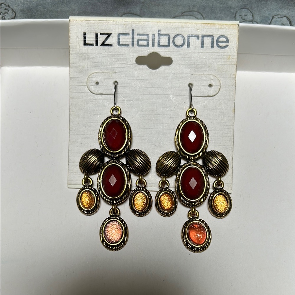 Liz Claiborne Red and Gold Drop Earrings
